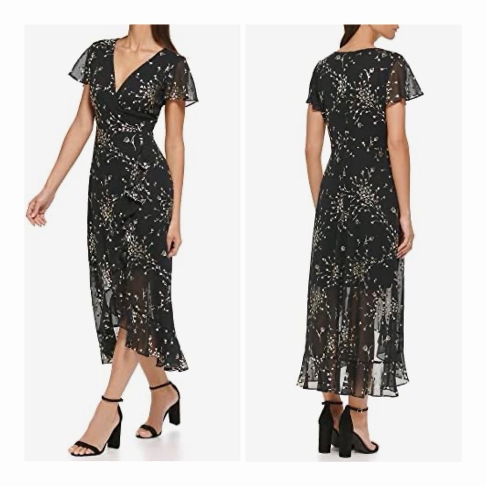 Women's Black Floral Flutter Sleeve Ruffle Chiffon Dress M Y2K Whisigoth Event